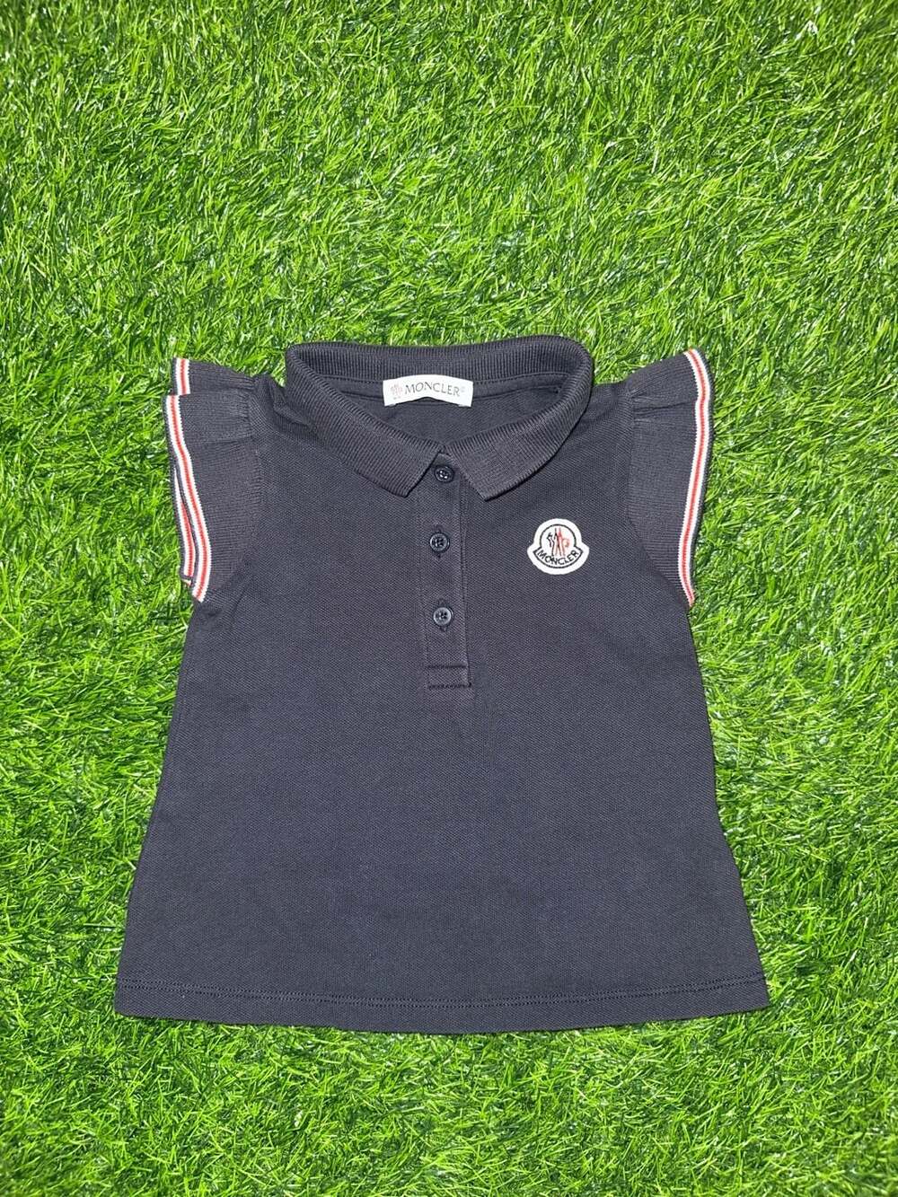 Moncler Maglia Polo Size 9/12 Mesi 76cm Navy Blue Ruffle Sleeve